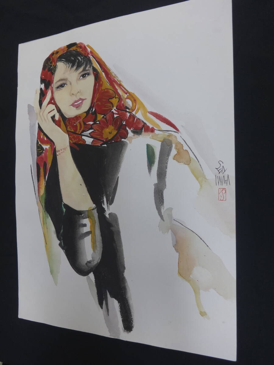 模写】 岩田専太郎 赤いスカーフ おんな画Ⅳ 装い・水彩画・紙本著色
