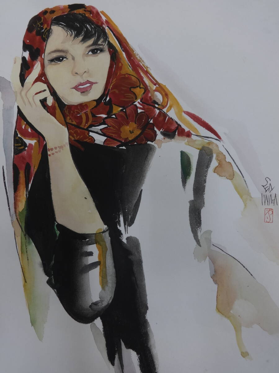 模写】 岩田専太郎 赤いスカーフ おんな画Ⅳ 装い・水彩画・紙本著色