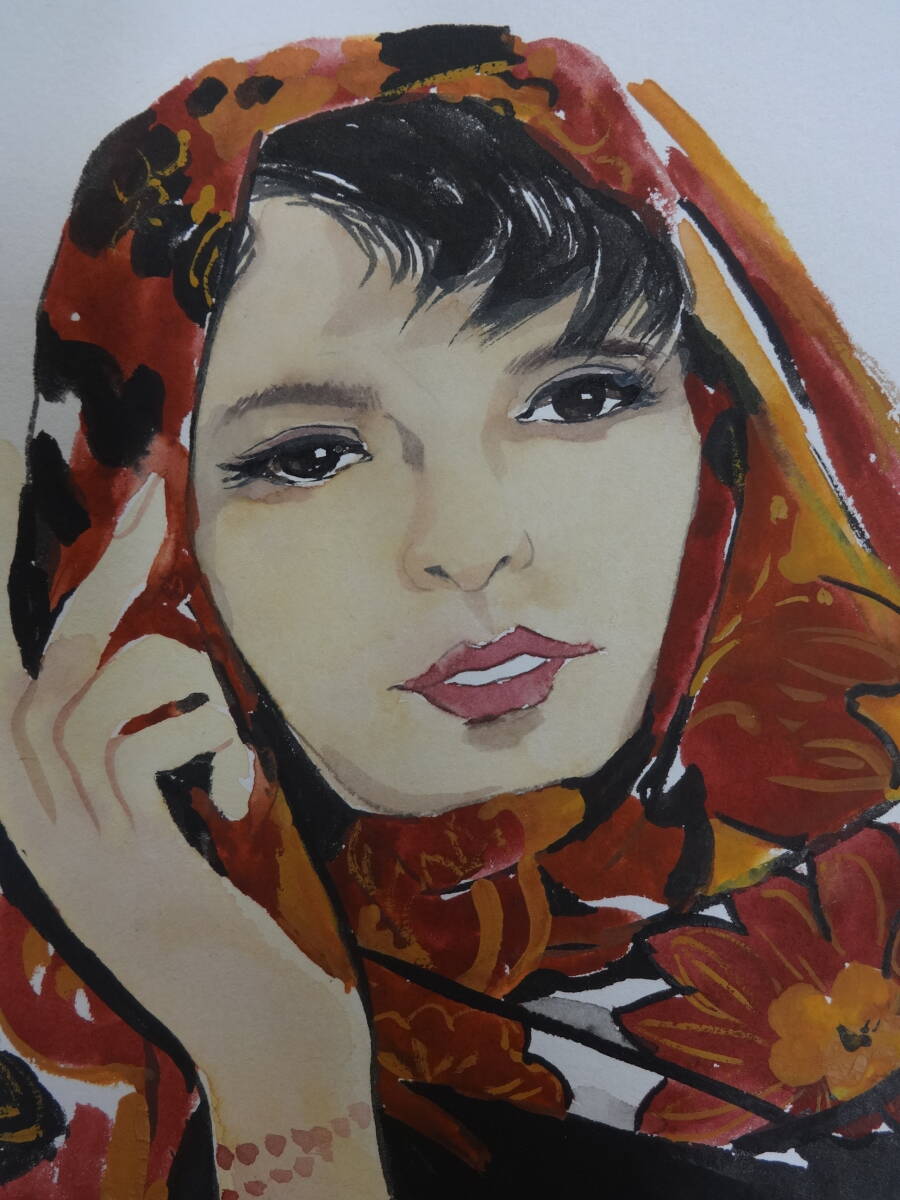 模写】 岩田専太郎 赤いスカーフ おんな画Ⅳ 装い・水彩画・紙本著色