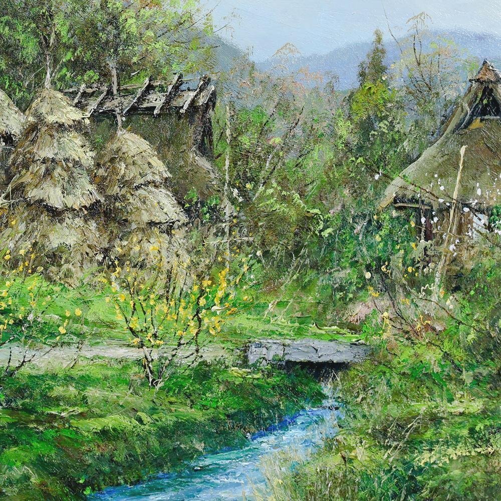 真作】【WISH】石川茂男「県境の春 岡山県人形峠」油彩 15号 大作 1987