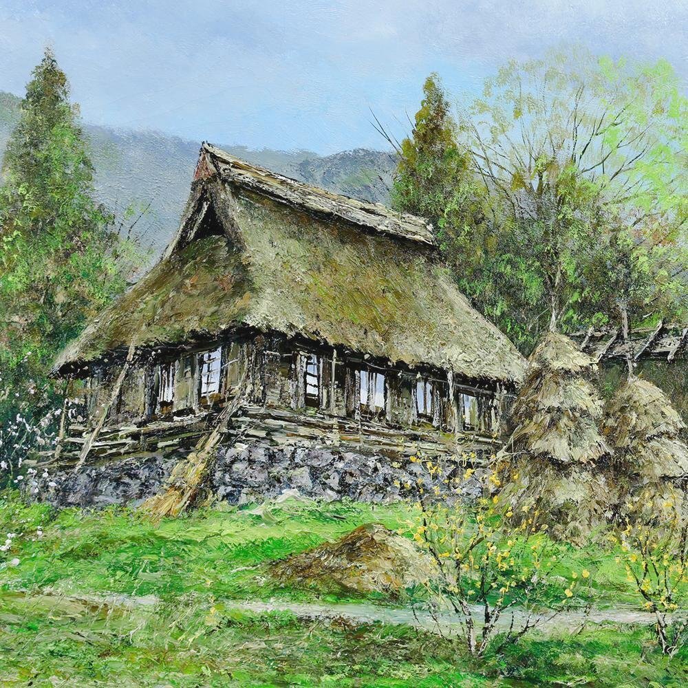 真作】【WISH】石川茂男「県境の春 岡山県人形峠」油彩 15号 大作 1987