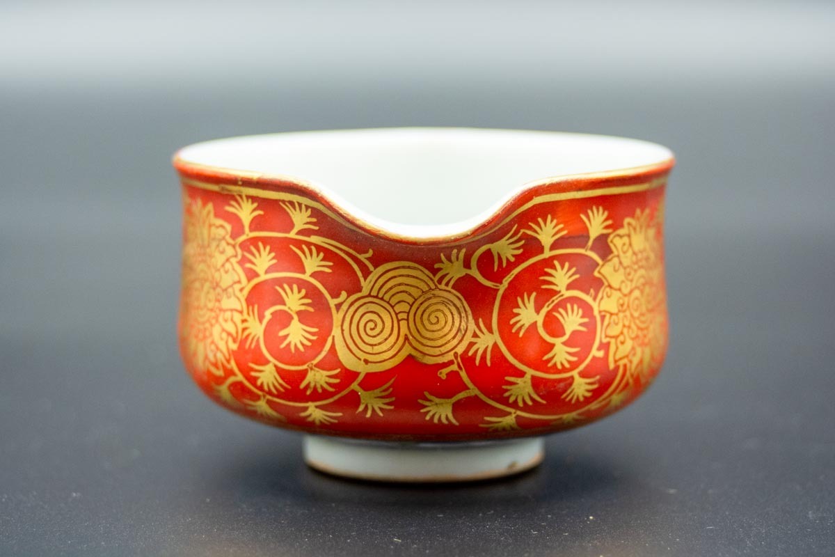 福】286 九谷焼 赤絵金襴手蓮霊芝唐草文 金彩赤絵 横手急須 茶注