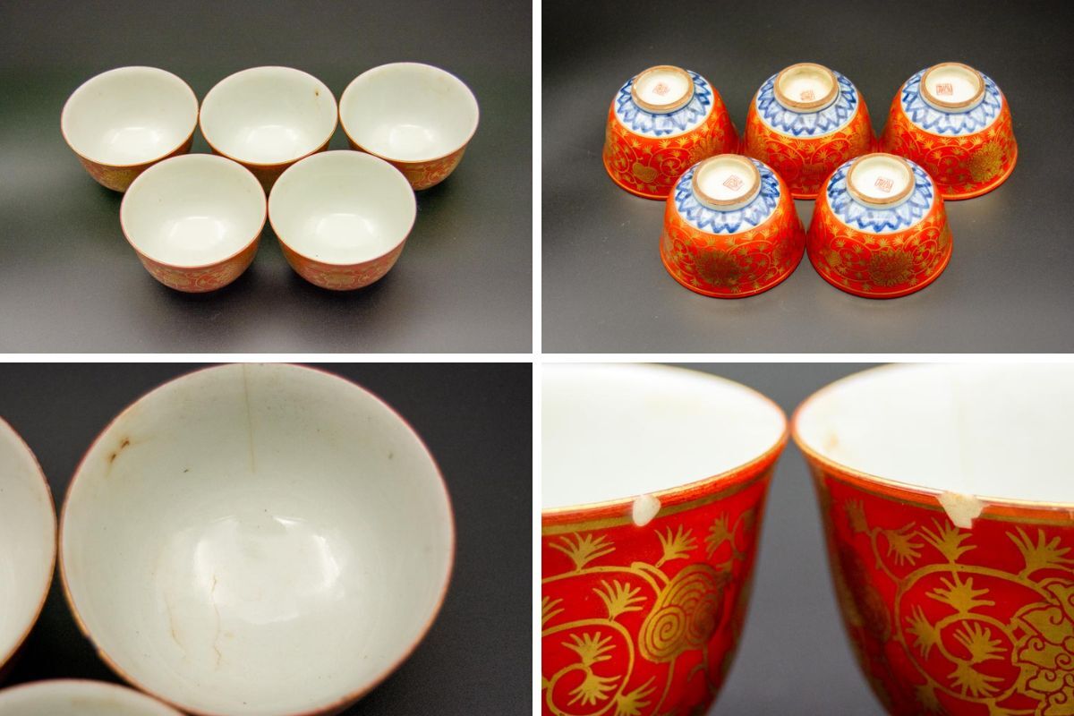 福】286 九谷焼 赤絵金襴手蓮霊芝唐草文 金彩赤絵 横手急須 茶注