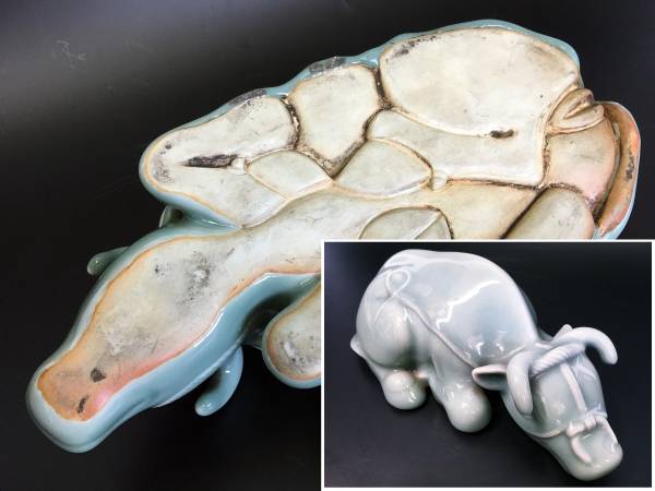 牛の置物　3件 一番大き:磁石で引き付けない 青磁 座牛 置物 春画 陶器製 牛の置物 丑 飾り物 古美術 美品 日本の