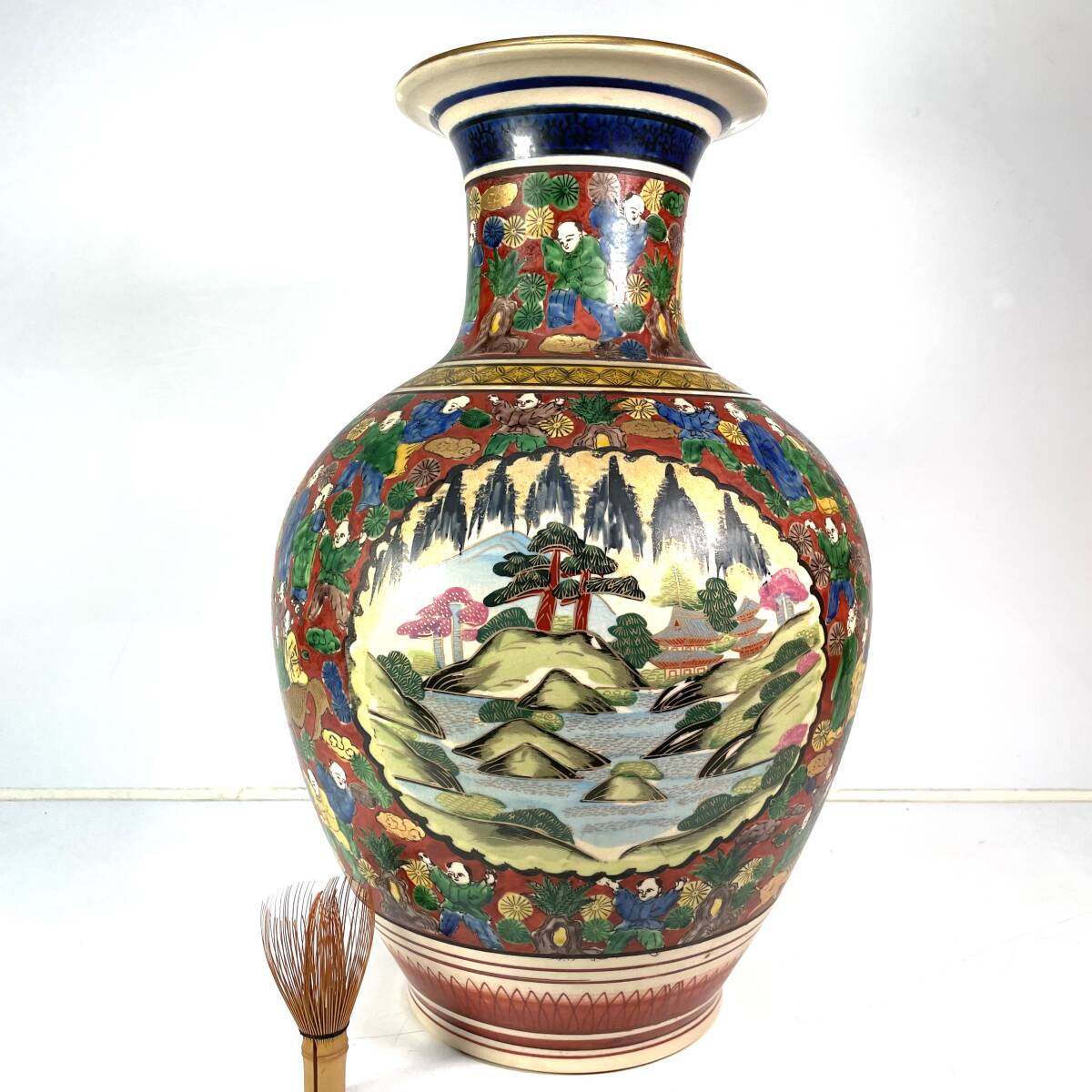 N）逸品 特大花瓶 九谷焼 陶正造 金彩色絵特大花瓶 高さ54.5㎝ 木米風