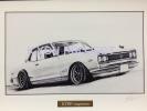★鉛筆画　イラスト　旧車　ハコスカGT-R　A4額付　名車　送料無