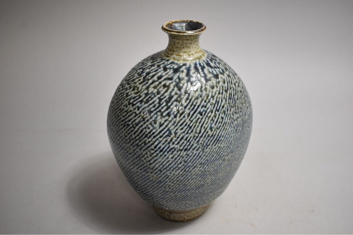 英】A1610 島岡達三 塩釉象嵌縄文扁壺 共箱 H28.8cm 日本美術 現代美術