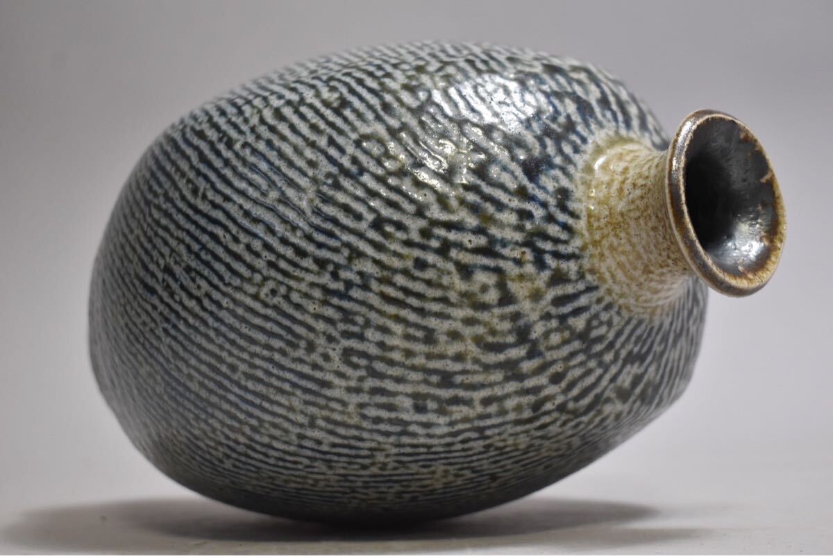 英】A1610 島岡達三 塩釉象嵌縄文扁壺 共箱 H28.8cm 日本美術 現代美術
