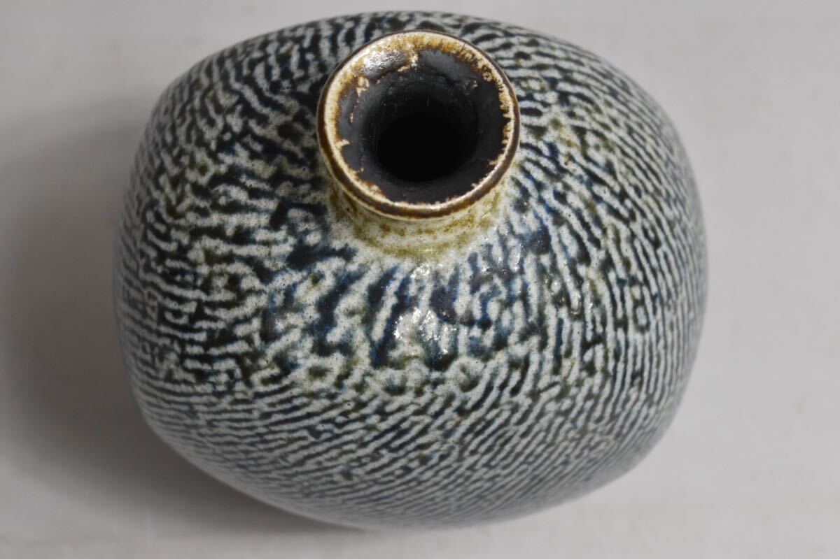 英】A1610 島岡達三 塩釉象嵌縄文扁壺 共箱 H28.8cm 日本美術 現代美術