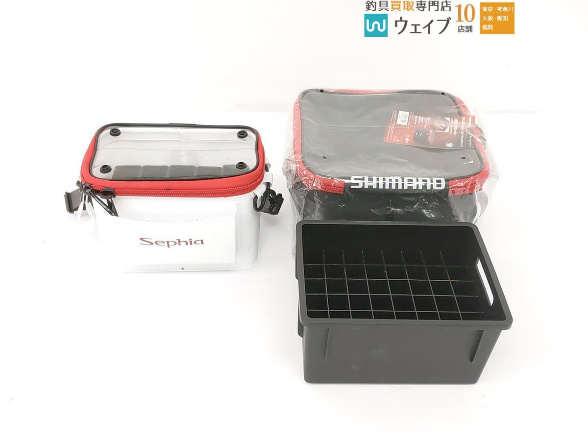 シマノ セフィア システマティックエギボックス ・セフィア メタルスッテ船縁ポーチ、メイホウ スクイッドストッカー 等 計3点