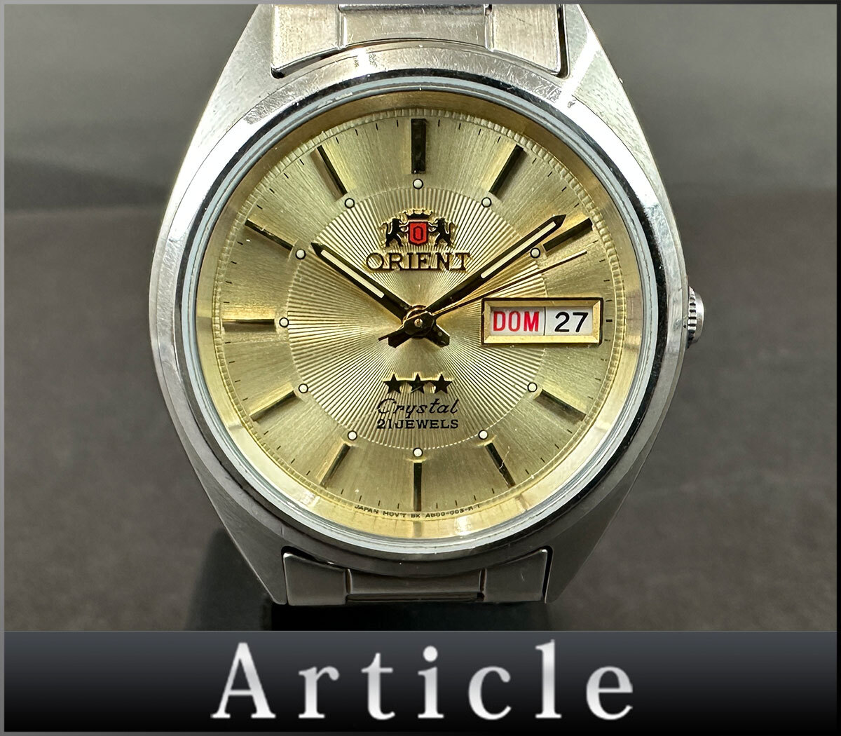 203123◆動作確認済 ORIENT オリエント スリースター クリスタル 腕時計 自動巻き デイデイト 21石 SS ゴールド シルバー メンズ/ D_1