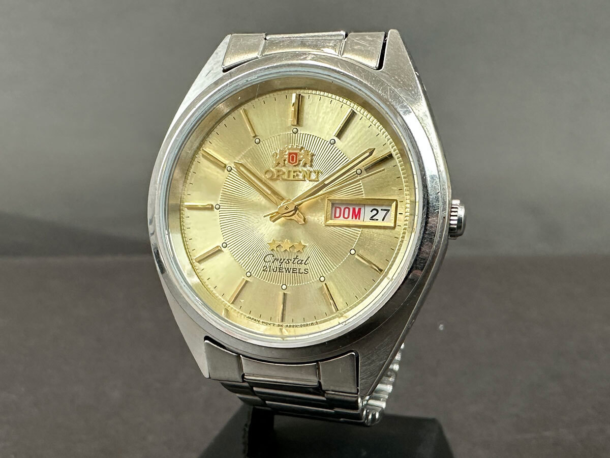 203123◆動作確認済 ORIENT オリエント スリースター クリスタル 腕時計 自動巻き デイデイト 21石 SS ゴールド シルバー メンズ/ D_2