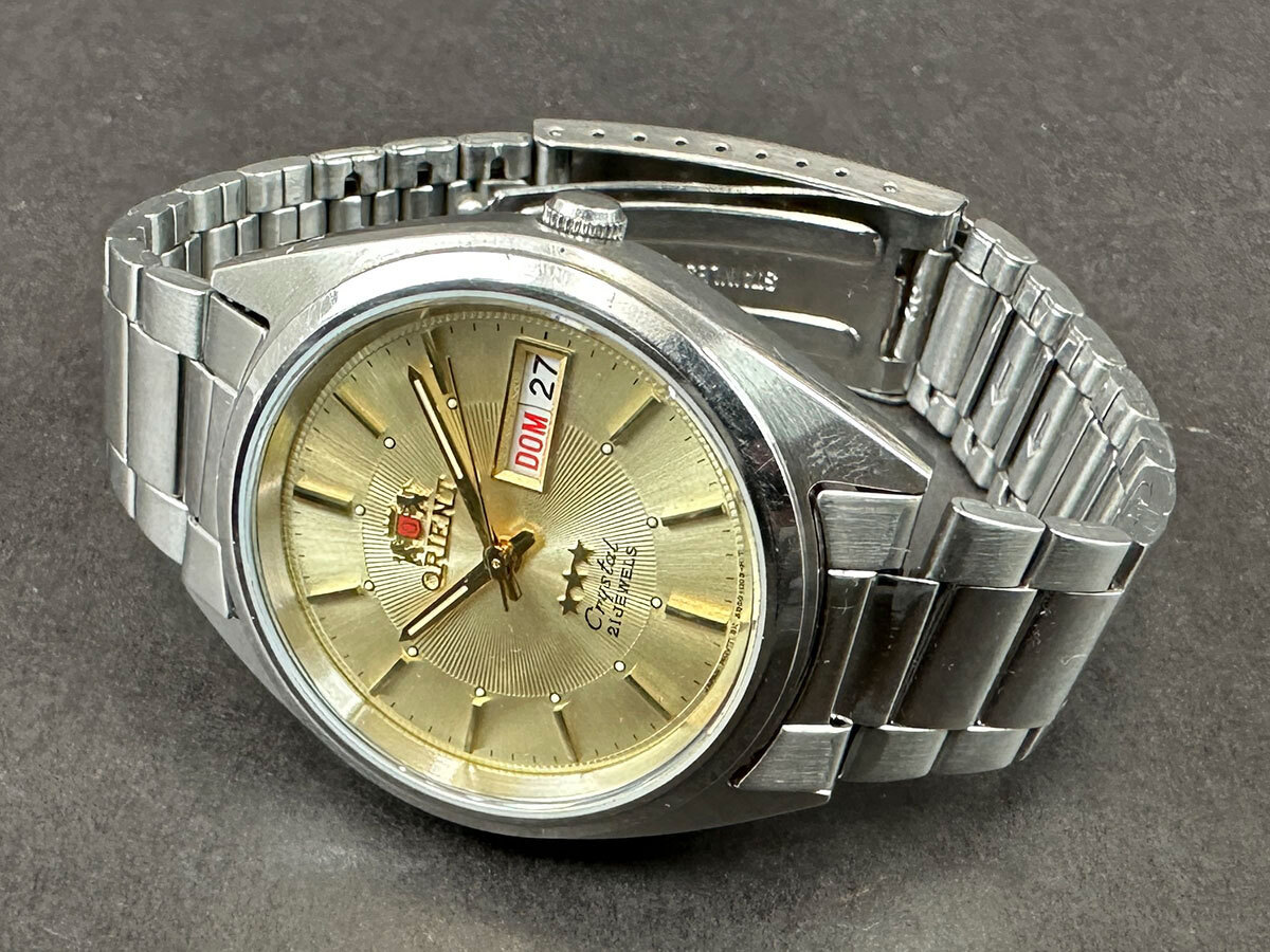 203123◆動作確認済 ORIENT オリエント スリースター クリスタル 腕時計 自動巻き デイデイト 21石 SS ゴールド シルバー メンズ/ D_4
