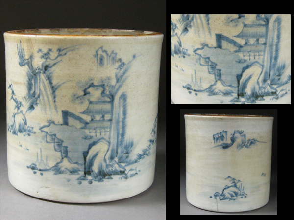 【古玄社】古渡　清朝期雍正染付山水文／筆筒　TN9195