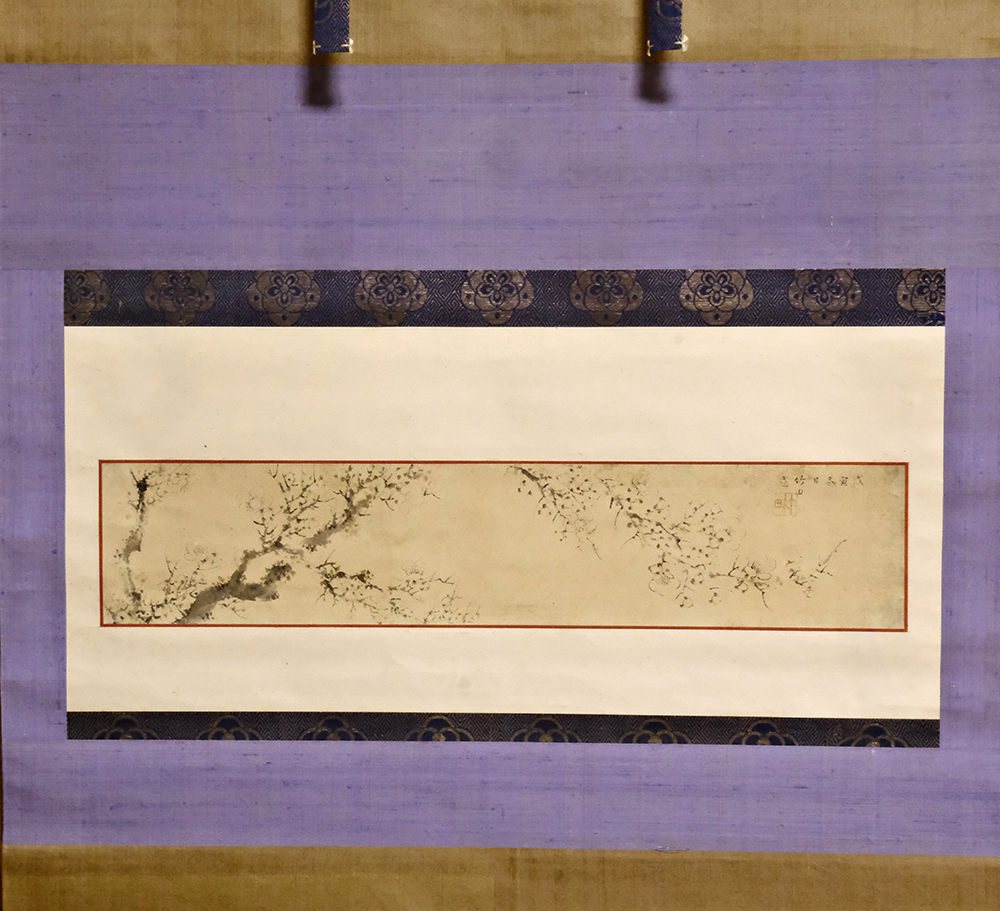CS3642＞【真作】田能村竹田「梅図」紙本肉筆絹装一幅 横物 掛軸／江戸