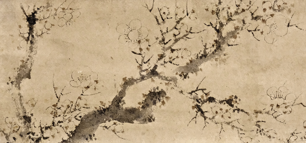 CS3642＞【真作】田能村竹田「梅図」紙本肉筆絹装一幅 横物 掛軸／江戸