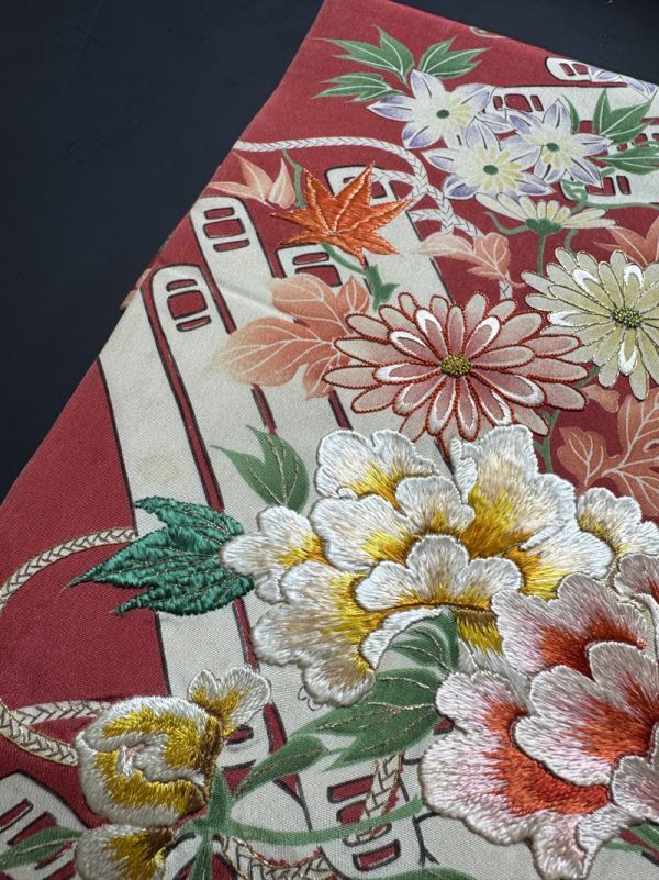 ☆きものさらさ アンティーク着物帯☆名古屋帯 花筏文様 日本刺繍 菊