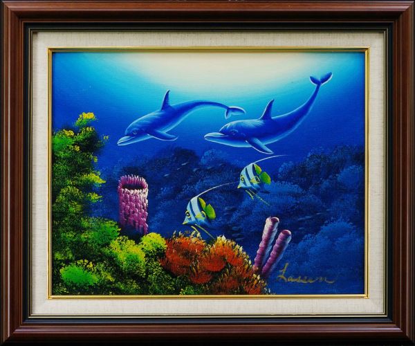 クリスチャン・ラッセン◎イルカ 肉筆 油彩 画面サイン F6 額装