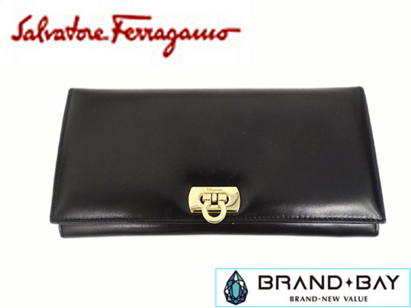 フェラガモ 長財布 ガンチーニ レザー ブラック 二つ折り 1円～
