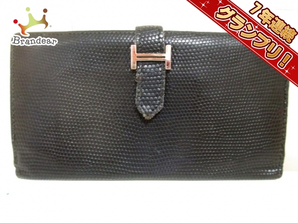エルメス 長財布 ベアン □H 黒 新型/シルバー金具 リザード