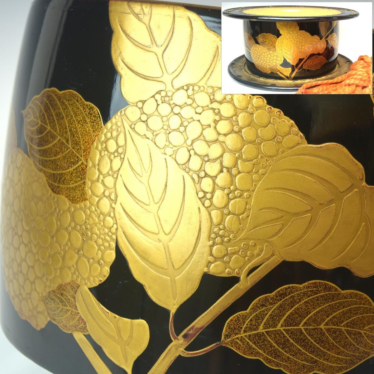 小鼓　胴　紫陽花蒔絵 締太鼓「紫陽花図蒔絵締太鼓」台、バチ付 皮直径35cm 和楽器 能楽