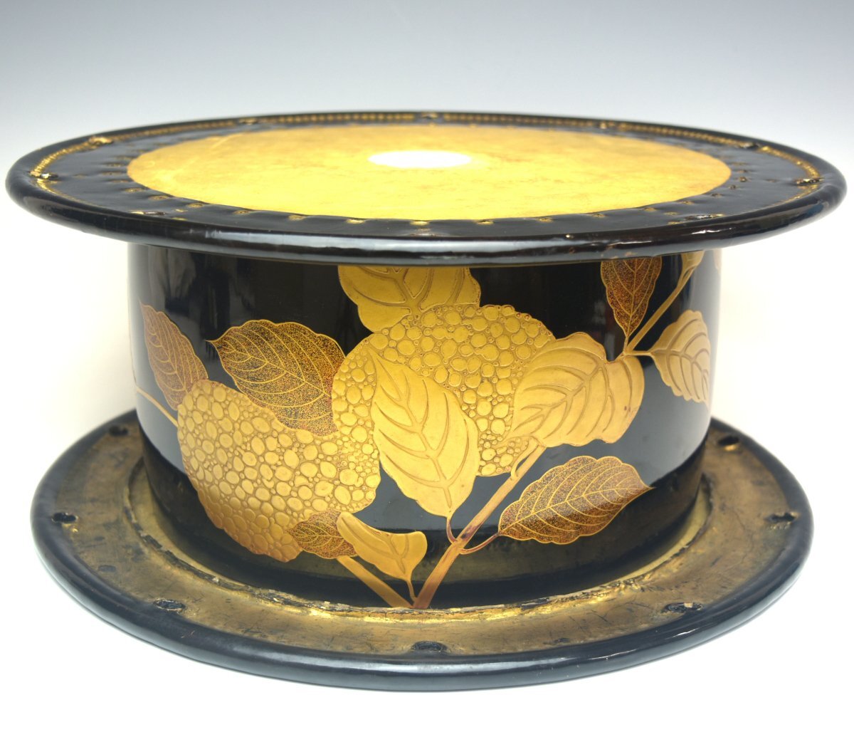 締太鼓「紫陽花図蒔絵締太鼓」台、バチ付 皮直径35cm 和楽器 能楽