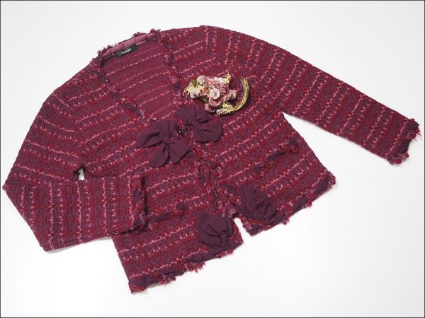 美品】インゲボルグ ボルドー色 リボン使い ニットジャケット INGEBORG 