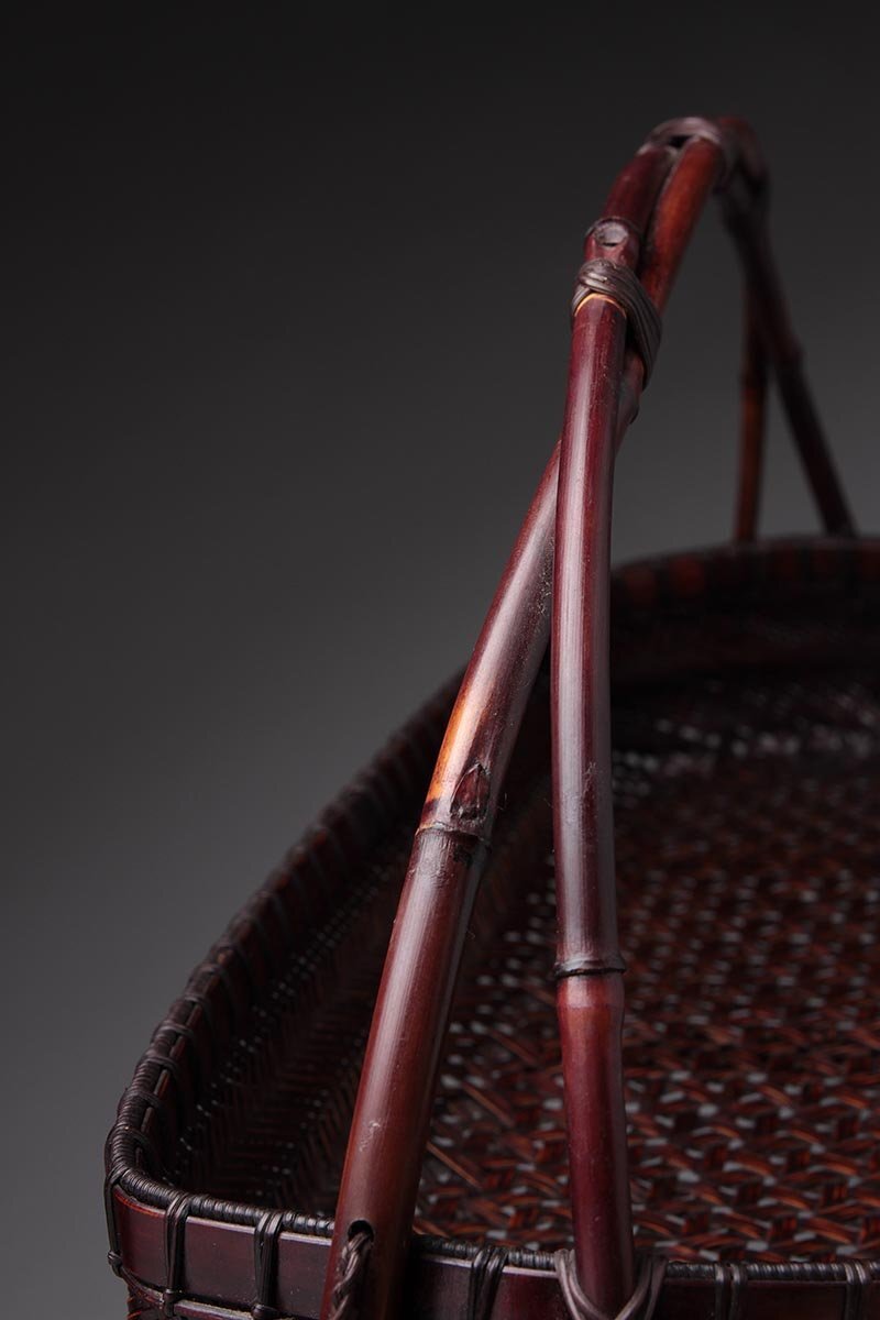 FC315 【石黒 勝 作】竹編 竹節手付 長方花籃 幅40.5cm 共布 元箱付