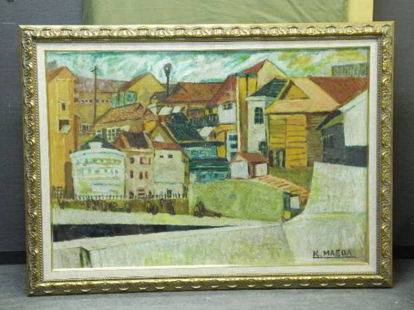 ◇伯◇油絵 K MAEDA 肉筆 彩色 街並み 額装 50号 a197 絵画 油彩肉筆画