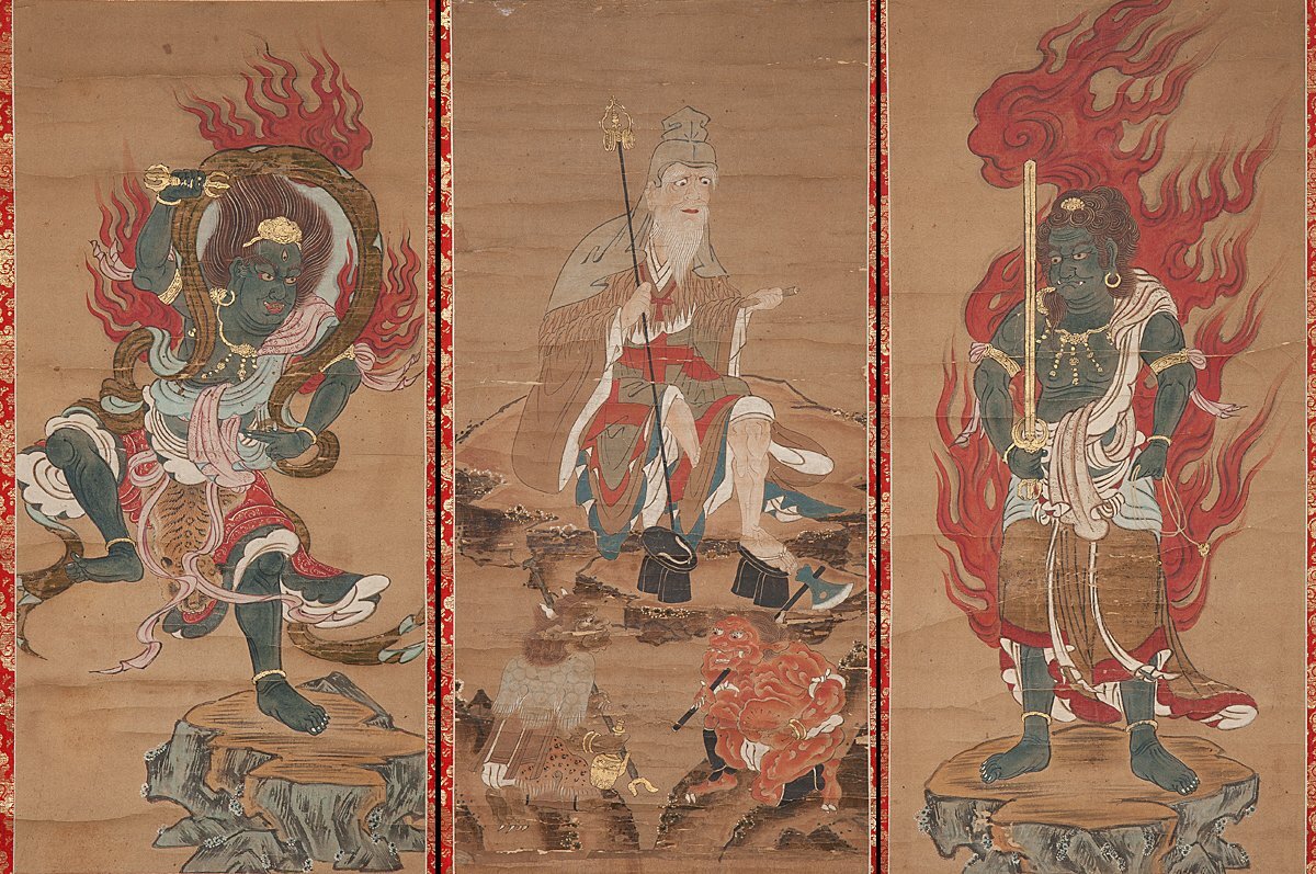 五】古仏画 三幅対 修験道 『不動明王・蔵王権現・役行者・前鬼・後鬼