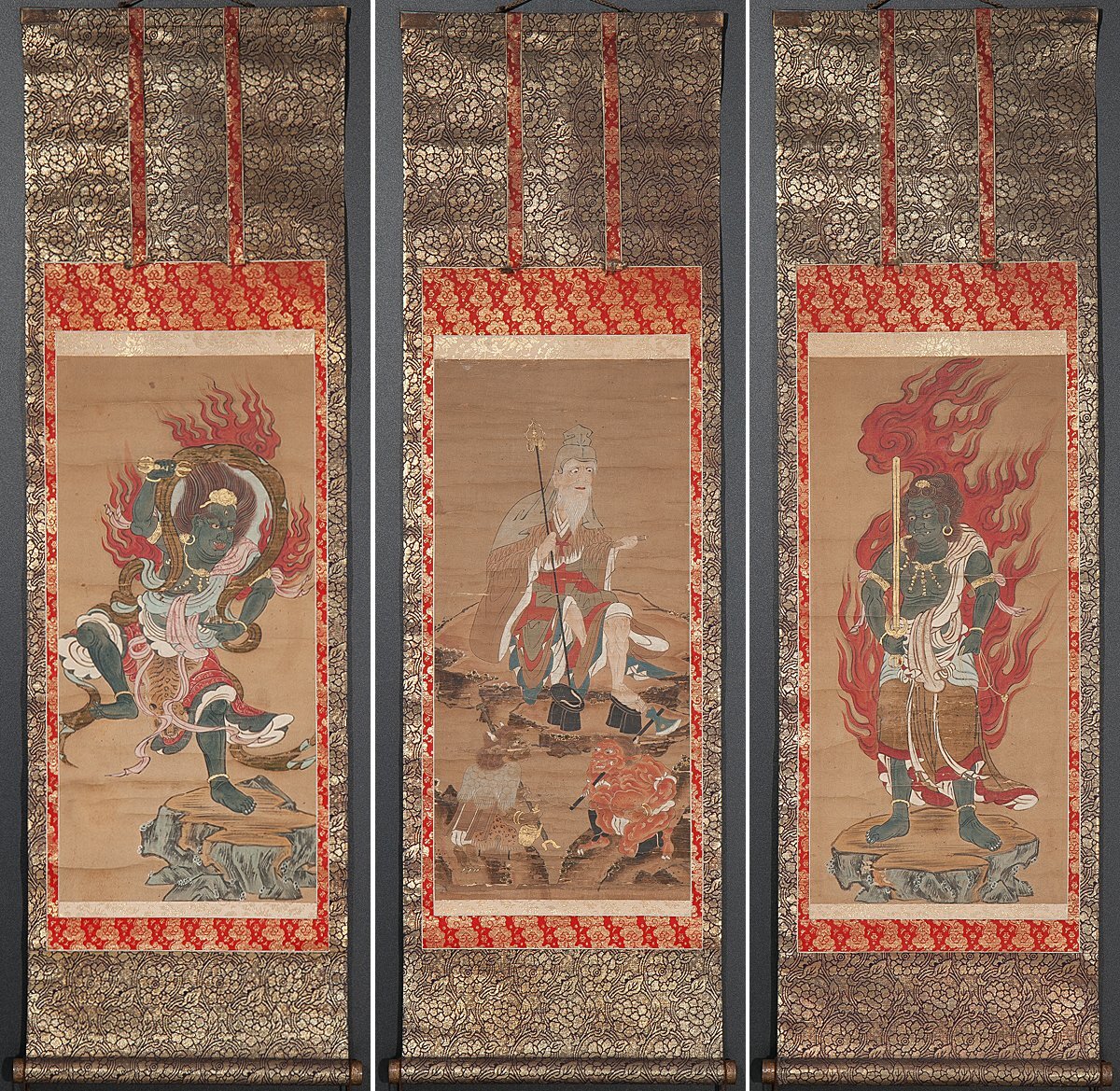五】古仏画 三幅対 修験道 『不動明王・蔵王権現・役行者・前鬼・後鬼