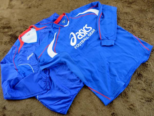 美品】 asics 裏付きウインド上下(L)+長袖プラT(O) 青 アシックス