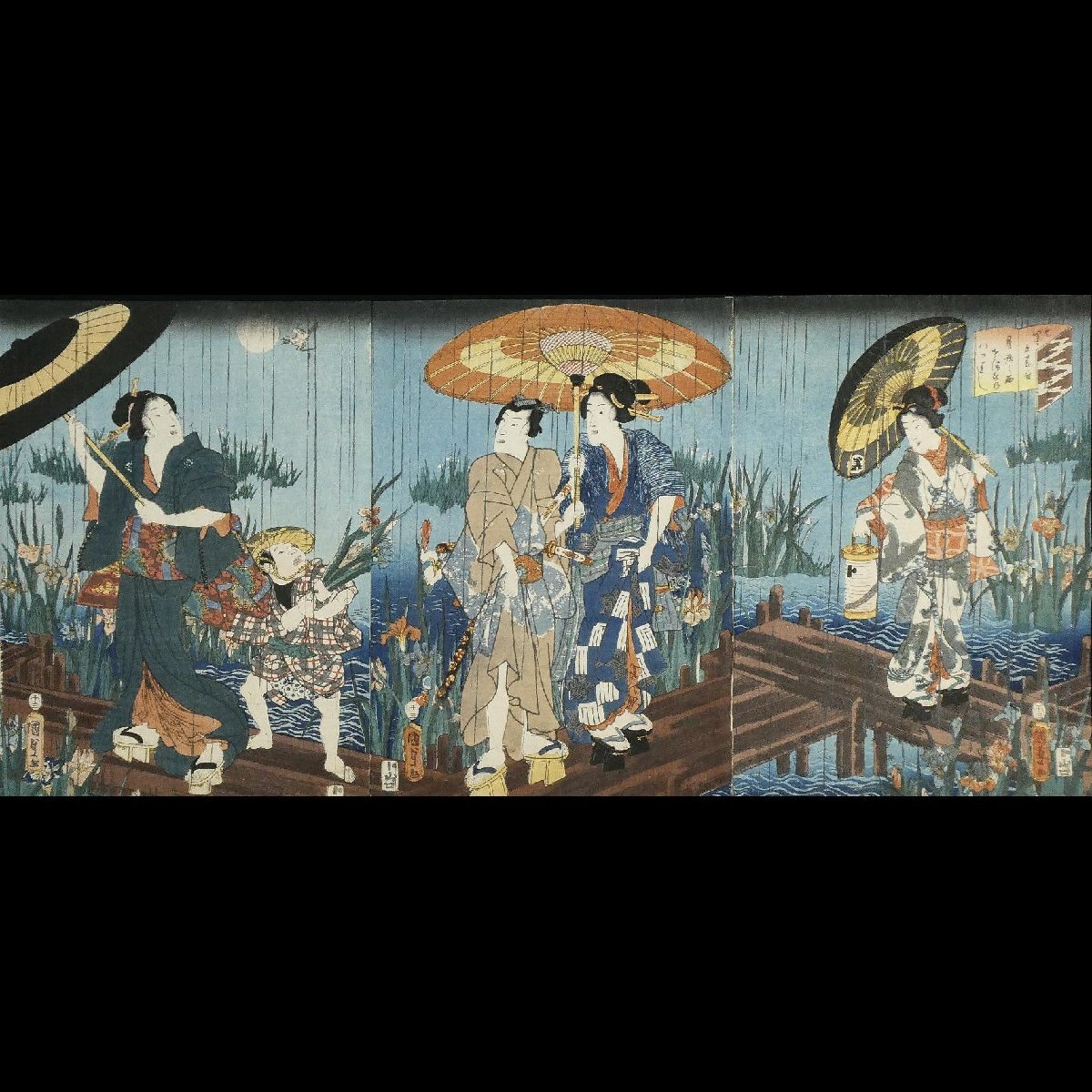 273 二代歌川国貞 色紫五節句 月夜の雨さつきの八つはし 三枚続◇美人