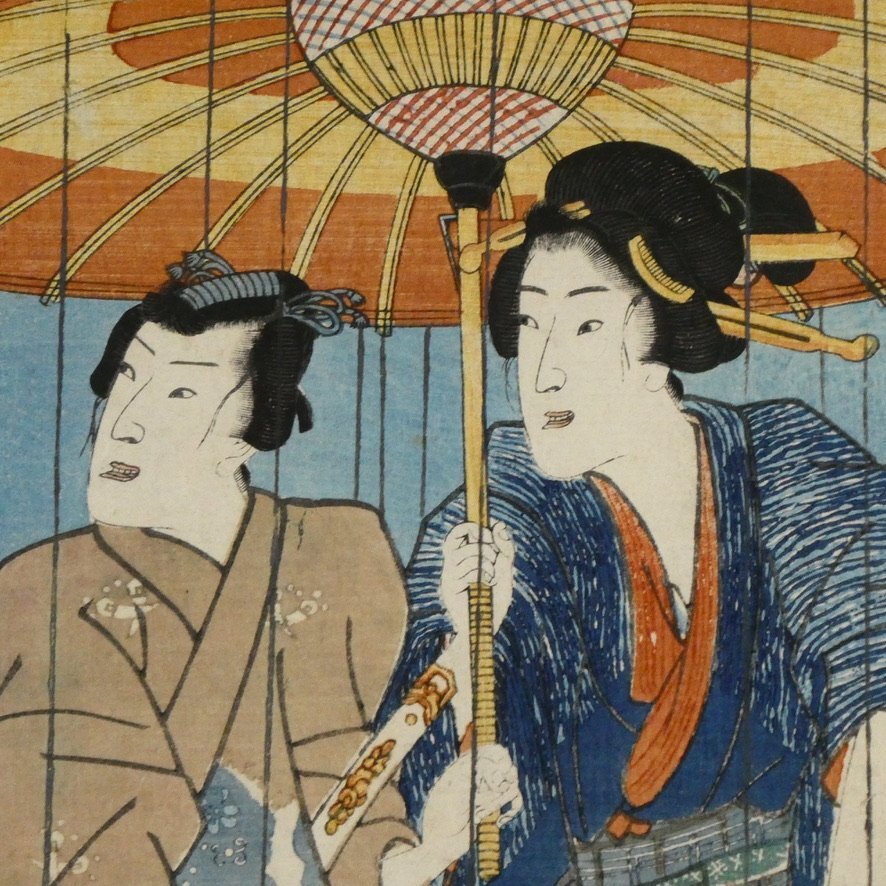 木版画 浮世絵 歌川国貞「雪のあした 」美人画 3枚続 錦絵 273 二代歌川国貞 色紫五節句 月夜の雨さつきの八つはし 三枚続◇美人