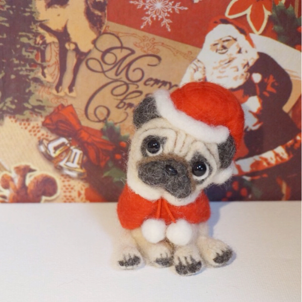 サンタ パグ さん クリスマス 羊毛フェルト 犬 ハンドメイド