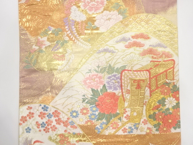 お*♪様 未使用　袋帯　名品日本美術名鑑24金プラチナ三重箔　近代　花鳥画　金糸 美品 純金箔24K 山並に御所車・花鳥模様織り出し 袋帯 （ABAJ1K-001