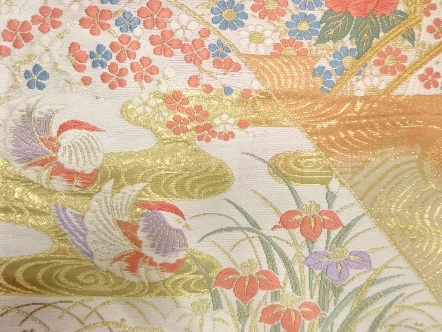 美品 純金箔24K 山並に御所車・花鳥模様織り出し 袋帯 （ABAJ1K-001