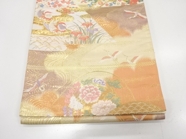 美品 純金箔24K 山並に御所車・花鳥模様織り出し 袋帯 （ABAJ1K-001