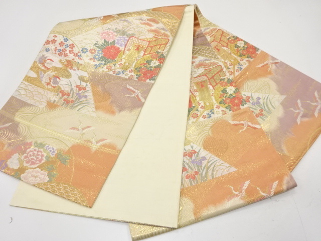 美品 純金箔24K 山並に御所車・花鳥模様織り出し 袋帯 （ABAJ1K-001