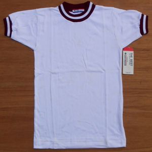 未使用 '80s DESCENTE デサント 半袖 Tシャツ 白xワイン S リブ切替 訳あり 当時物 体操