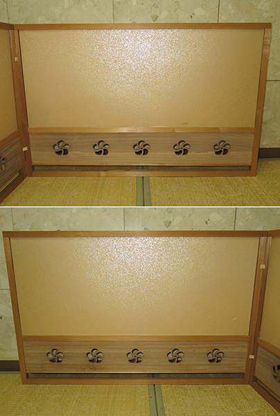 心園】茶道具 屏風 風炉先 【 1尺8寸 桑縁 上段襖付 捻梅透 腰板