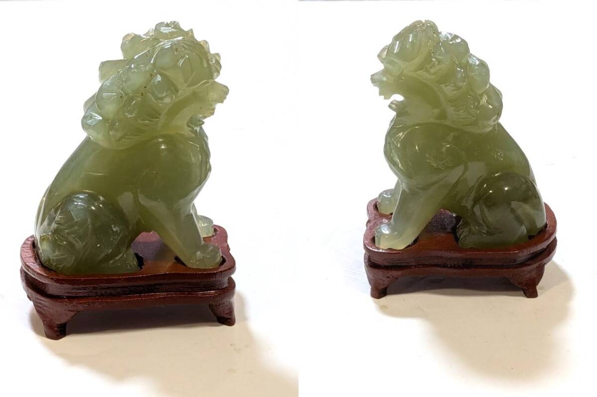 中国美術 翡翠 ヒスイ 緑玉石 玉石 獅子 狛犬 石獅子 木台付 置物