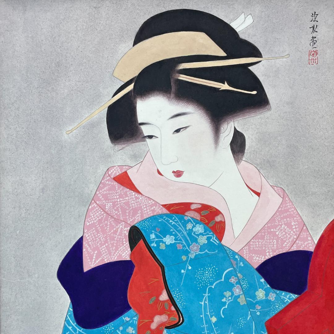 真作保証 伊東深水『三千歳』木版画 美人画 代表作 大判 額装 ガラス