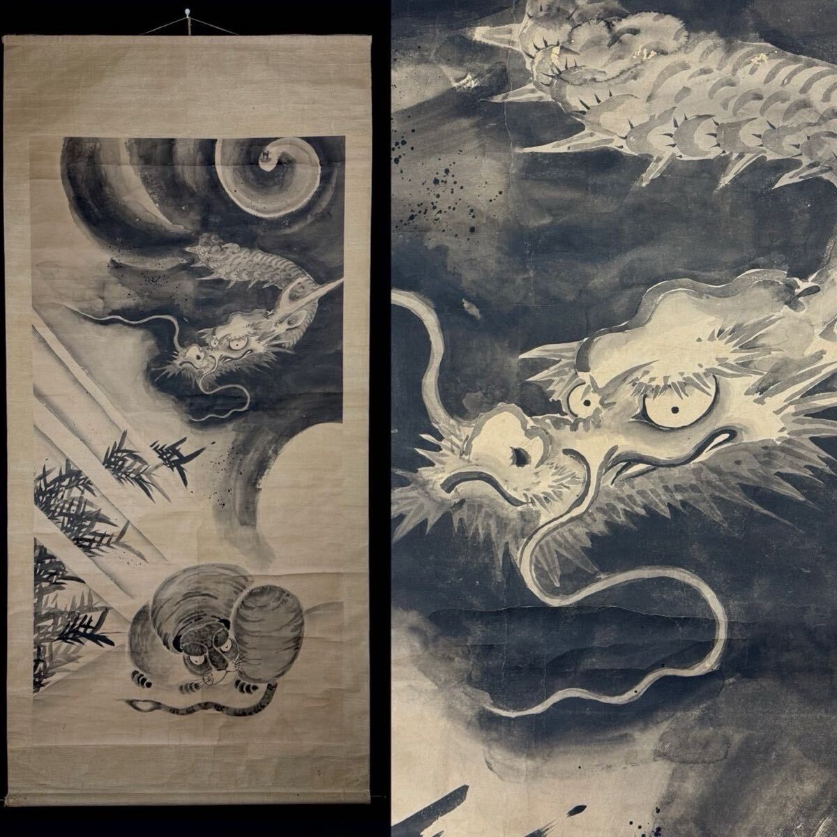 K5 仙厓義凡「龍虎高士図」 掛軸 絹本 古画 合わせ箱 真作 時代 龍虎図 水墨画 掛軸 大幅 紙本 肉筆 雲龍図 猫虎 虎絵 日本