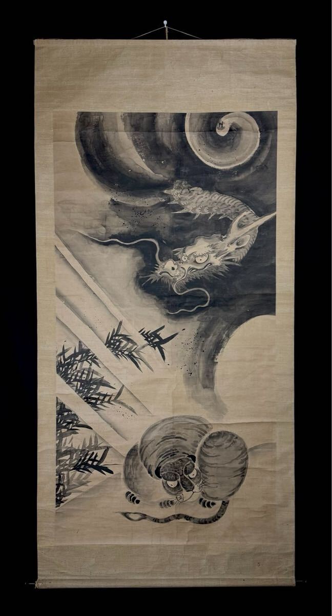 真作 時代 龍虎図 水墨画 掛軸 大幅 紙本 肉筆 雲龍図 猫虎 虎絵 日本