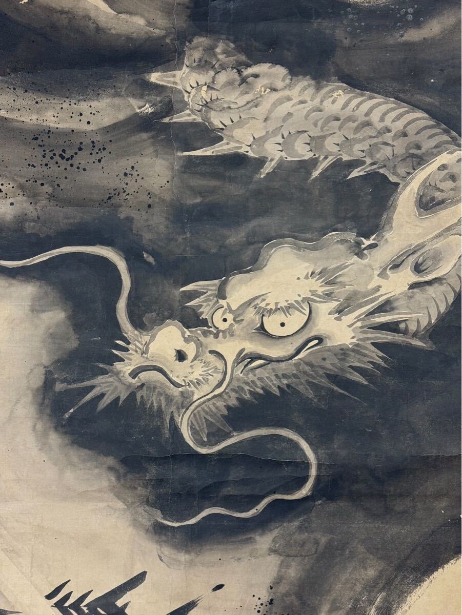 真作 時代 龍虎図 水墨画 掛軸 大幅 紙本 肉筆 雲龍図 猫虎 虎絵 日本