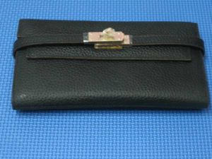 最高級本革 牛革 ゴールド金具二つ折り長財布 人気のブラック 黒