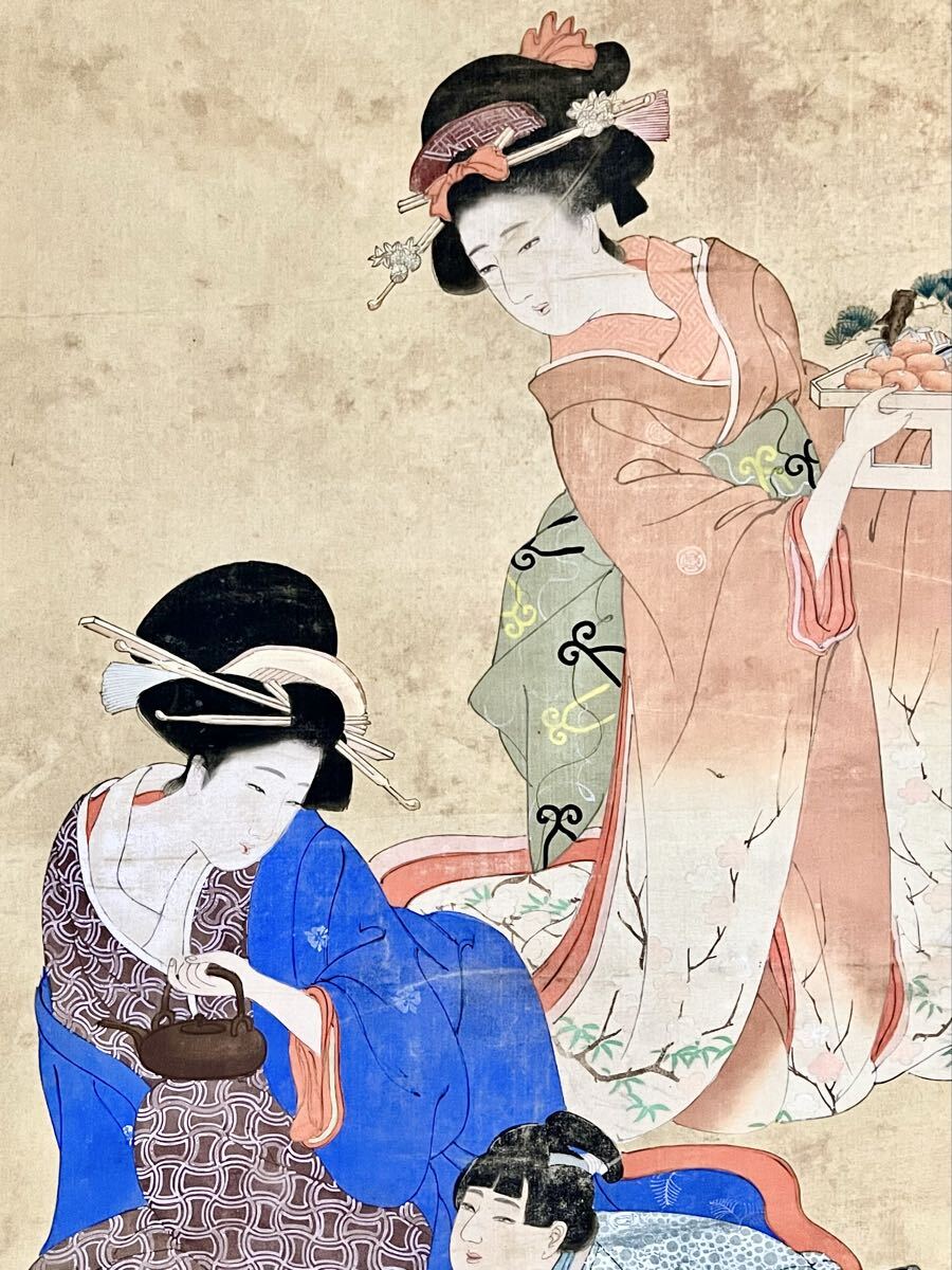 真作】【S8】伊東深水「吉原」絹本 肉筆 合箱 遊女 美人画 侍 歴史風俗