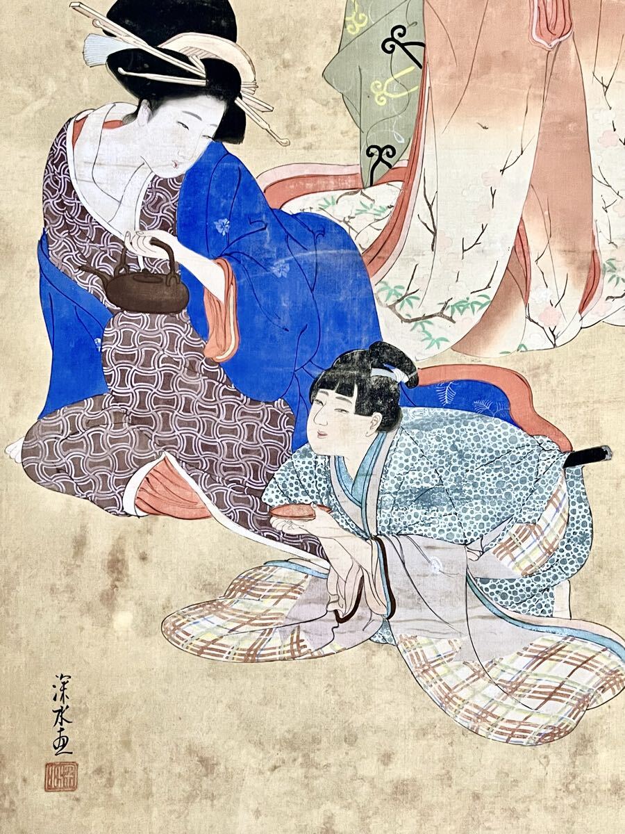 真作】【S8】伊東深水「吉原」絹本 肉筆 合箱 遊女 美人画 侍 歴史風俗