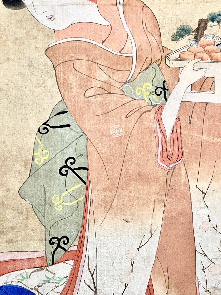 真作】【S8】伊東深水「吉原」絹本 肉筆 合箱 遊女 美人画 侍 歴史風俗